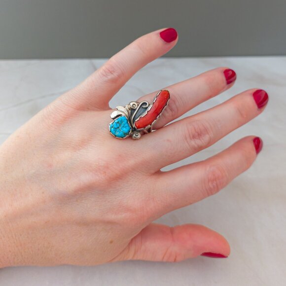 Vintage Sterling Silver Turquoise & Coral Ring – Navajo-Style Split Shank - Picture 11 of 11